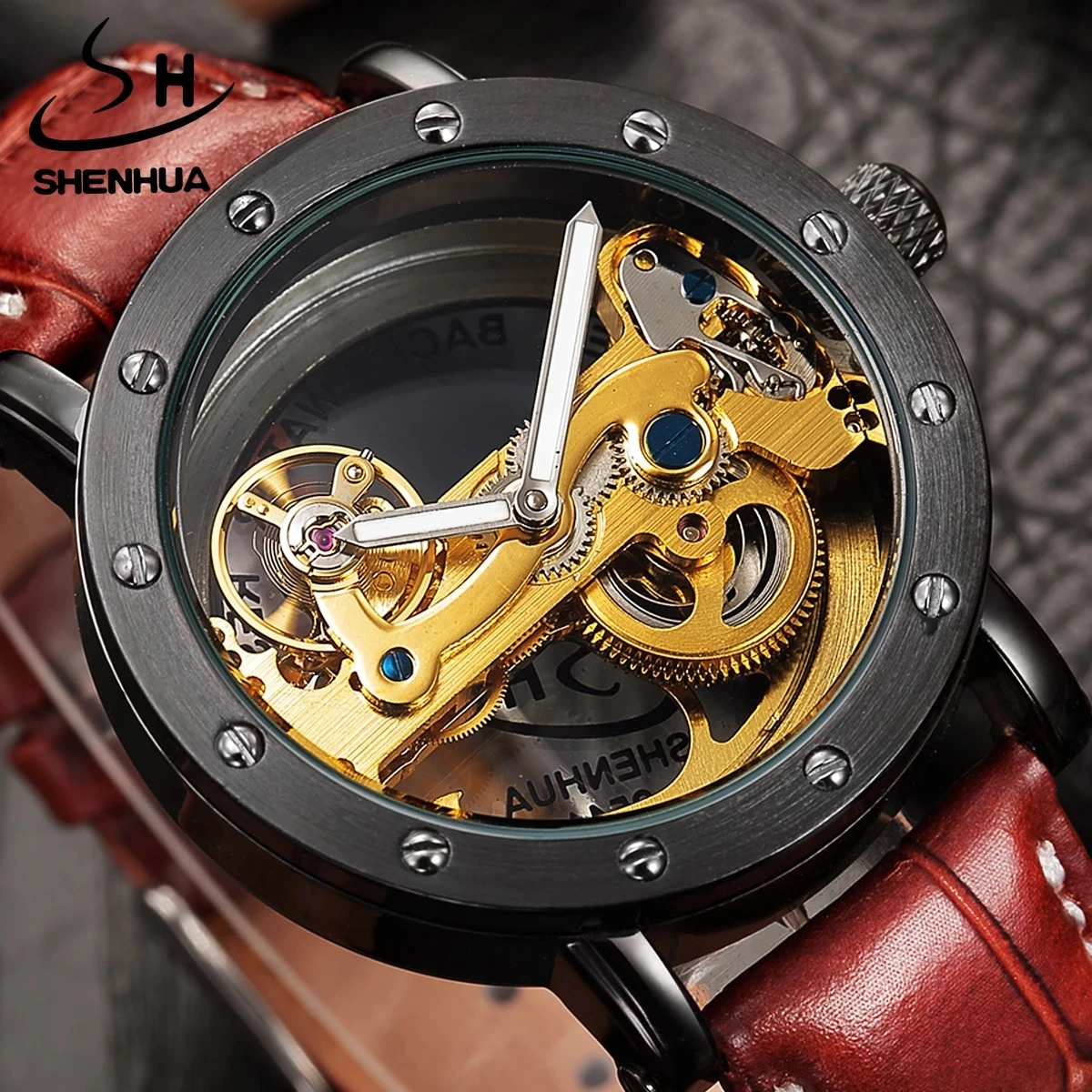 

SHENHUA Automatic Mechanical Watch Men Luxury Leather Strap Transparent Skeleton Watch Luminous pointer Waterproof Men's Watch