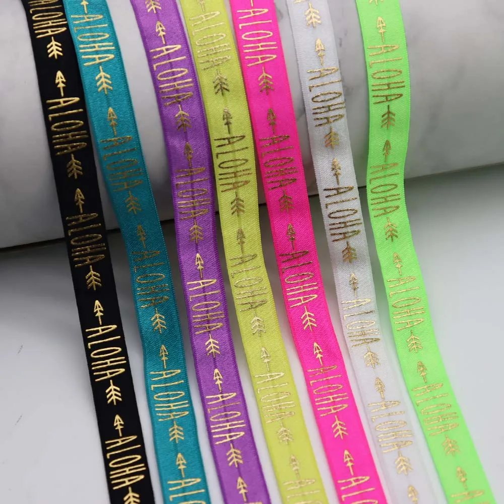 

5/8" 15MM Gold Foil ALOHA Printed Fold Over Elastic FOE Ribbon For Ponytail Holder Bracelet Hair Accessories