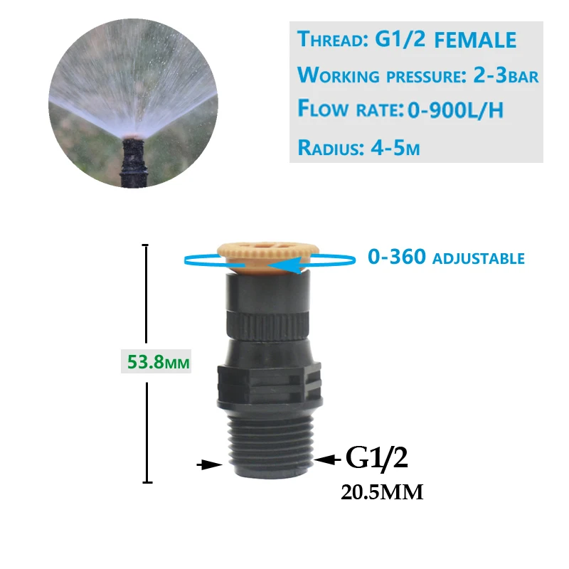 Irrigatore Regolabile A 360° Per Giardino – Sistema Ad Alta Pressione Con 4 Ugelli Orientabili (15-45°), Connettore Doppia Porta, In ABS, Per Prato E Cortile - 3