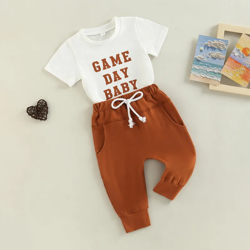 

Infant Baby Boy Summer Clothes Pant Sets 2023 Short Sleeve Letter T-shirt Elastic Waist Solid Color Pants 0 to 3 Years