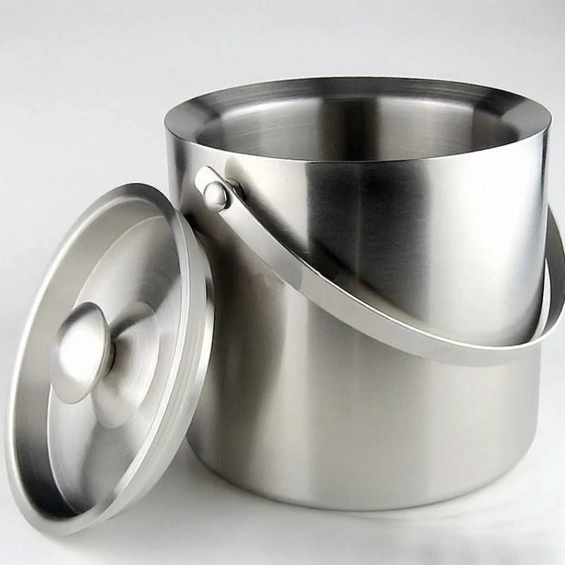 304 Stainless Steel Ice Bucket, Double-layer Thickened Handle Insulated Ice Bucket, Household Storage Bucket with Lid