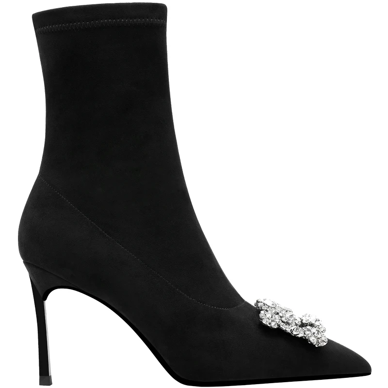 

2022 Ankle Boots Genuine Leather Thin High Heels Boots For Women Fashion Party Pointed Toe Sexy Ladies Shoes Rhinestone