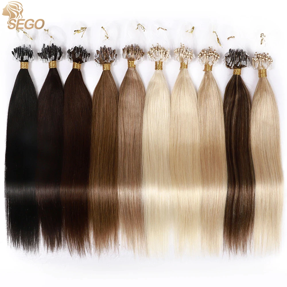 SEGO 1g/Strand Micro Loop Hair Extensions Human Hair Micro Bead Extension Cold Fusion Stick Tipped Fish Line Hairpieces
