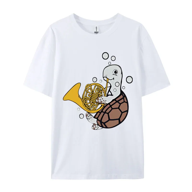 FrenchHornPlayerMusicSeaTurtleFr Tops Shirts 2024 Hot Sale Round Neck T-Shirt Camisa Short Sleeve All Cotton Male Sweatshirts FrenchHornPlayerMusicSeaTurtleFr white