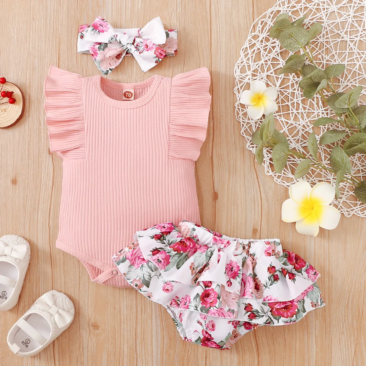 Baby Clothing Set discount hibobi Baby Girl Clothes Set Flower Print Girls Ruffle-sleeve Romper Summer Bodysuit Floral Pattern Shorts Headband Set 3Pcs small baby clothing set	