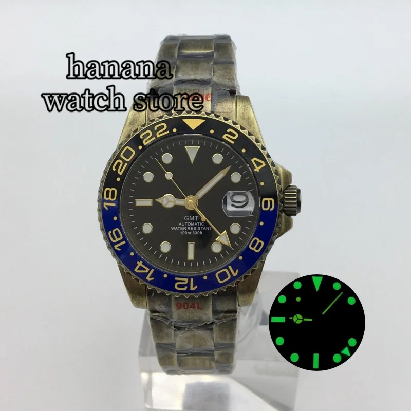 

BLIGER 40MM Bronze GMT NH34 Automatic Movement Black Dial Gold hands Men's Watch Sapphire Glass Oyster bracelet Green luminous