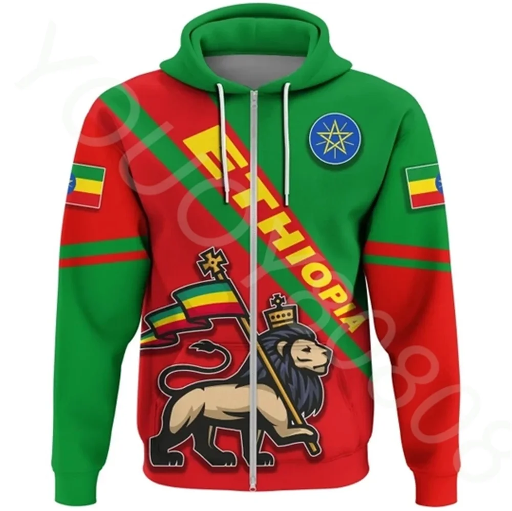 

African Clothing New Autumn Winter Men's Casual Sweater Ethiopian Flag Zip Hoodie Retro Harajuku Casual Clothing Tops