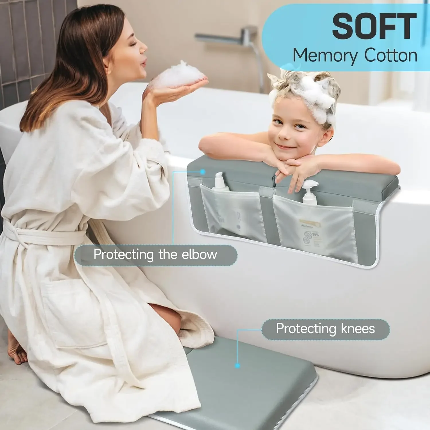 White bath kneeler with padded elbow rests and attached storage bag on tile floor.