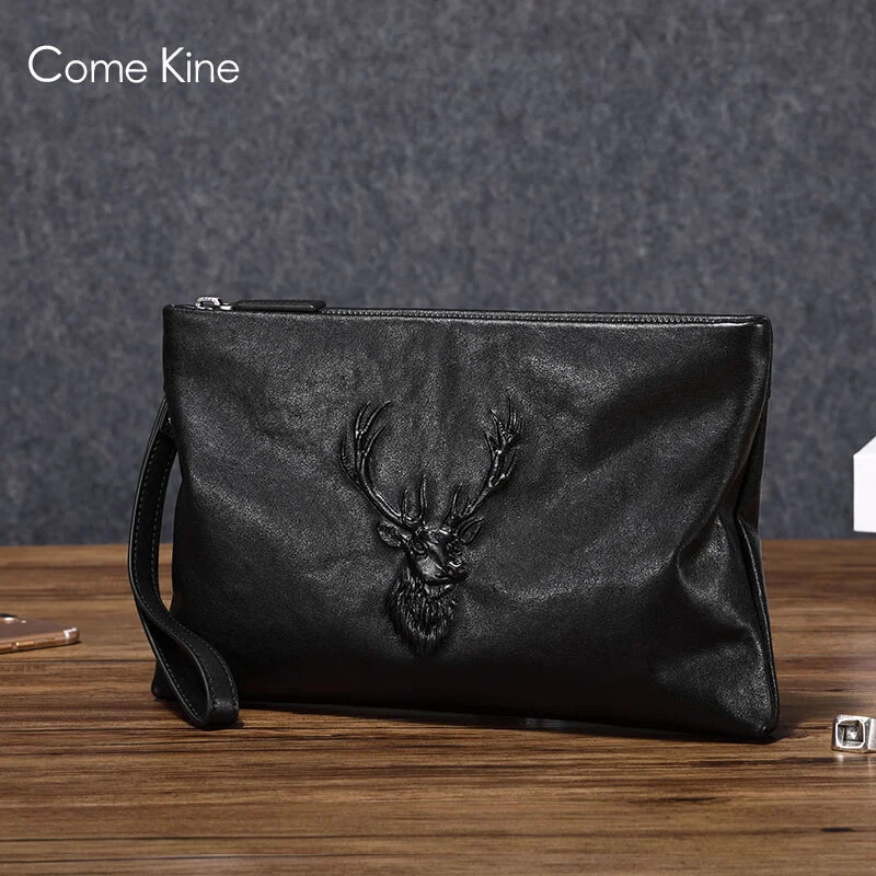 

ComeKine Handbag Men's Cowhide 2023 New Tidal Deer Head Envelope Soft Leather Large Capacity Business Black