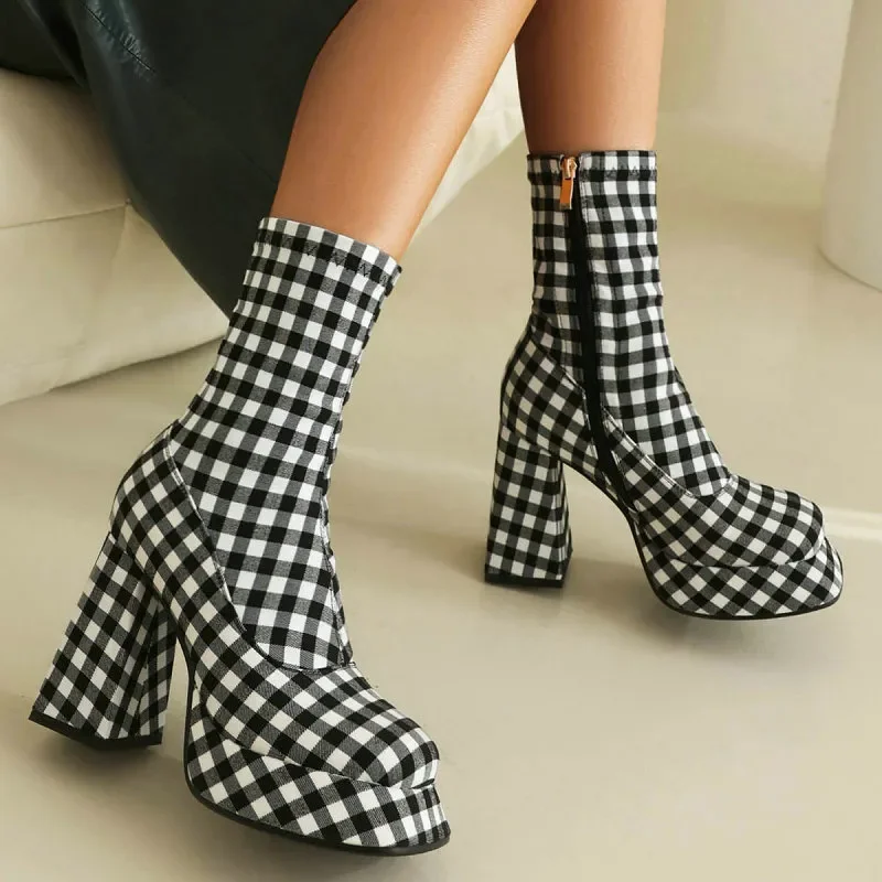 

Plaid Checker Pattern Satin Fabric Sexy Mature Ladies Socks Botines Platform Block High Heels Stretch Ankle Boots Womens Shoes