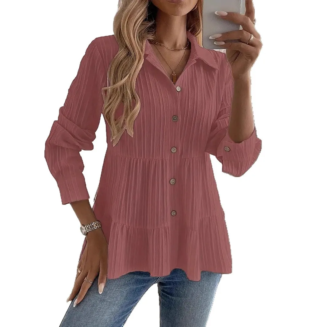Women Long Sleeve Button Pleated Workwear Blouse
