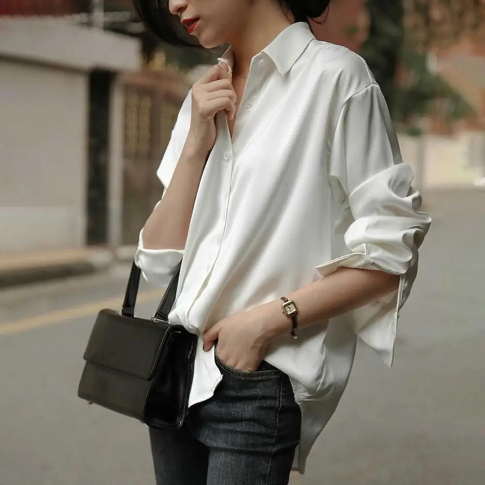 

Women Shirt Blouse Shirt Vintage Satin Silky Solid Color Loose Single-breasted Long Sleeve Lapel OL Commute Sping Fall Top