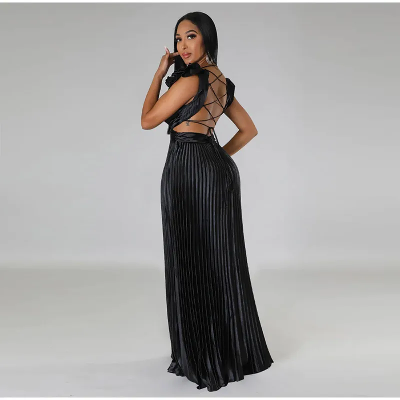 Women Solid Backless Elegant Long Dresses V-neck Pleated A-line Sexy Frock 2023 Spring Summer Evening Party Casual Style Dress