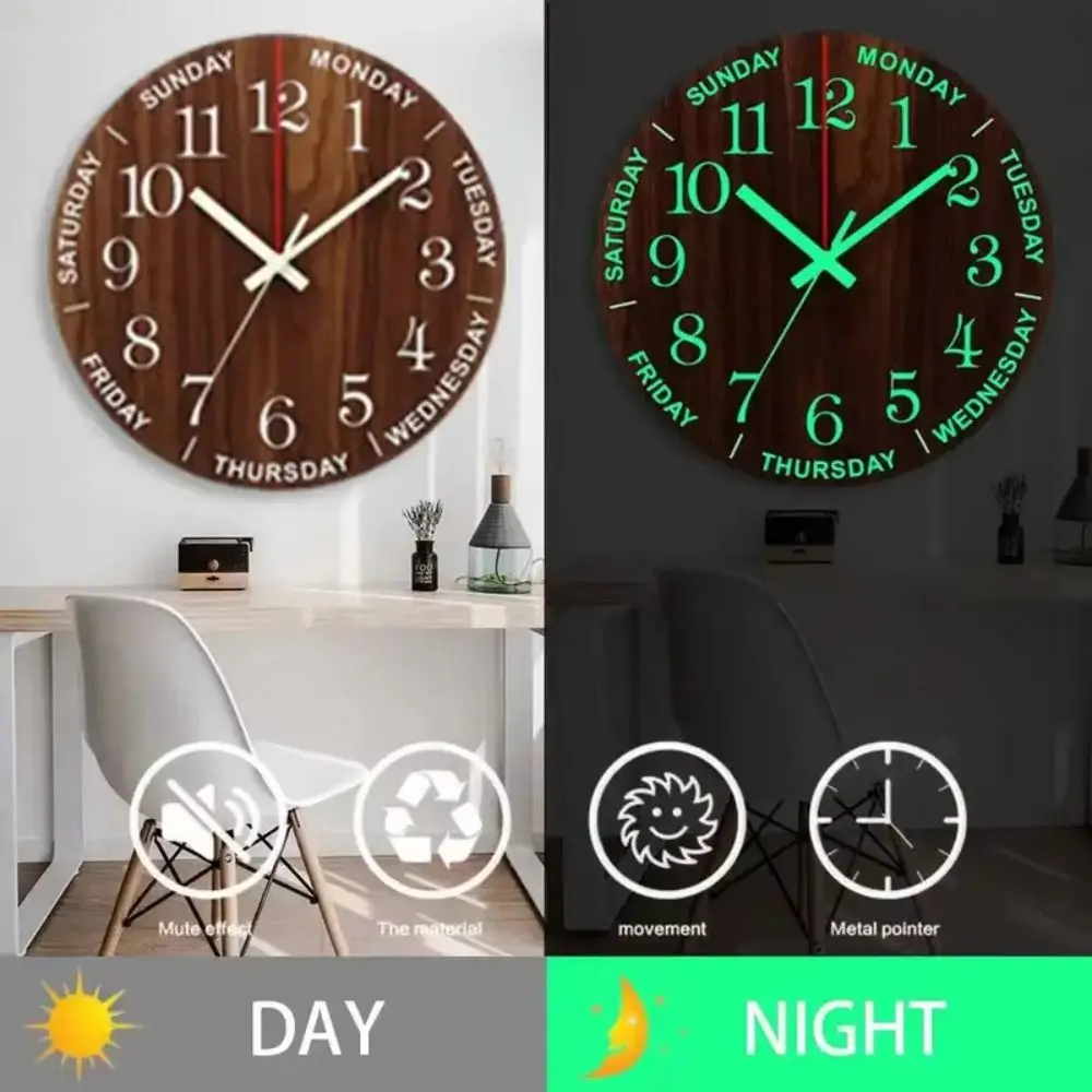 Description Picture 3 of itemNon-Ticking Luminous Wall Clock Silent Numerals&Hands Night Light Hanging Clock 12 Inch Time Accuracy Round Quartz Clock