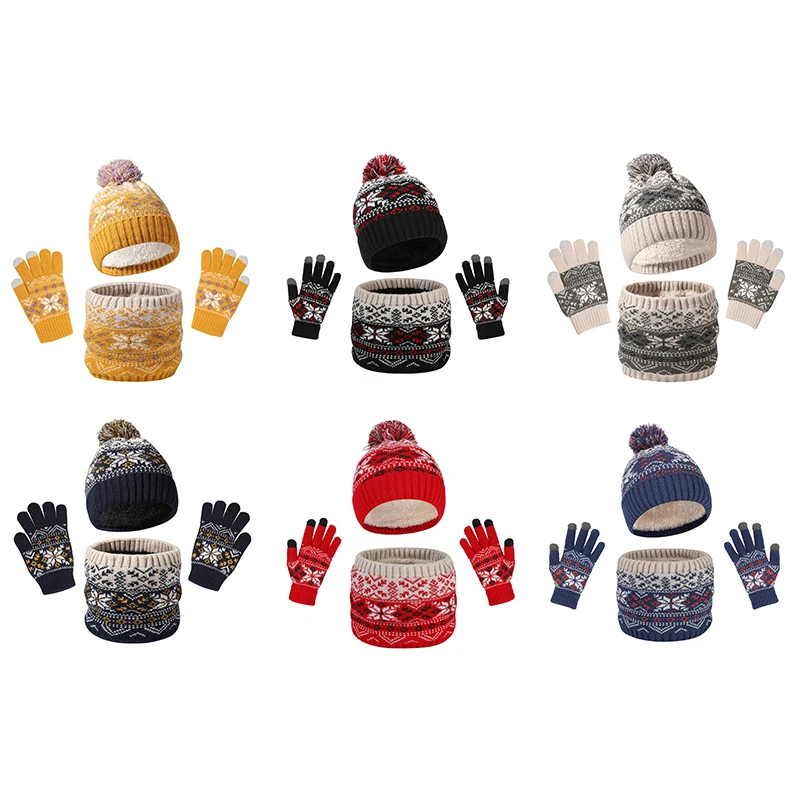 Adorable Kids' Winter Set-Snowflake Knit Hat, Fleece Scarf & Warm Gloves, 3-Piece Set For Cozy Comfort In Cold Weather