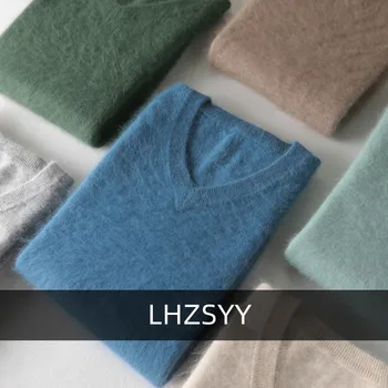 LHZSYY Maglioni da uomo in cashmere visone 100% di grandi dimensioni Autunno Inverno Solido scollo a V Casual Pullover in maglia da uomo Manica lunga Maglione caldo 1