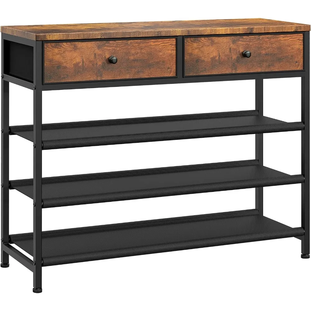 

Органайзер для хранения обуви 4 уровня с 2 ящиками, для 12-15 пар обуви, 3 полочки из ткани и деревянный верх, для чулана и прихожей