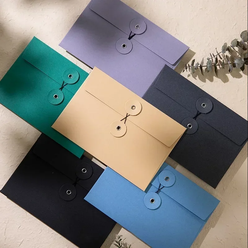 Kraft Paper Envelope with Button String Tie Vintage Solid Ticket Storage Bag Retro File Documents Bag Greeting Card Cover Office