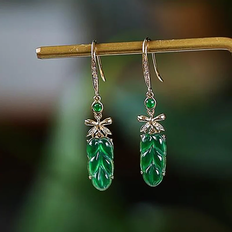 New S925 Silver Green Jade Chalcedony Leaf Earrings