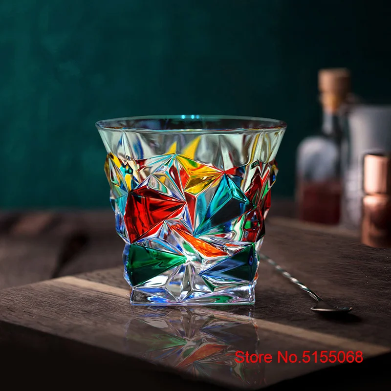 New Italy Hand Drawn Crystal Contrast Color Highball Glass Cocktail Water Drinking Glasses Old Fashioned Whisky Cup Wine Tumbler
