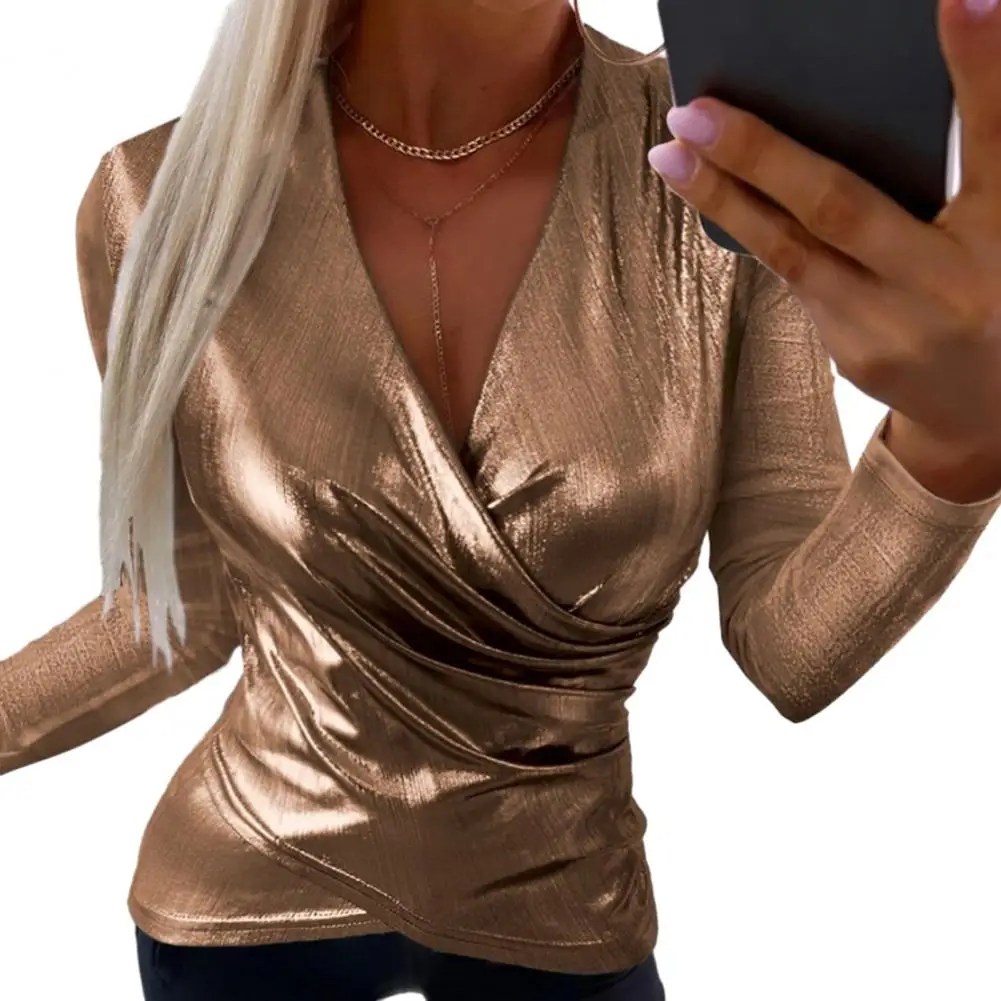 

Blouse Women Shirt Deep V Neck Glossy Surface Baggy Cross Tight Waist Long Sleeve Solid Color Faux Leather Lady Club Commute Top