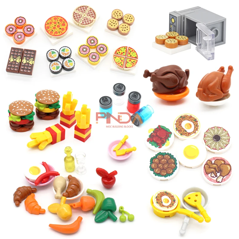 

Mini Food Toys Building Blocks Turkey Hamburger Fries Pizza Pie Dessert Drink Chocolate Cookies Bread MOC City Bricks Kids Gift