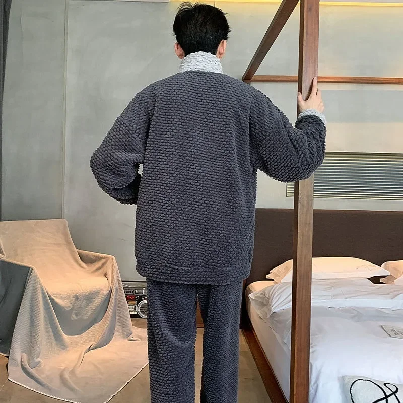 2024 New Men's Pajamas Men's Autumn Winter Loungewear Coral Velvet Thickened Sleepwear Warm Youth Zippered Flannel Homewear