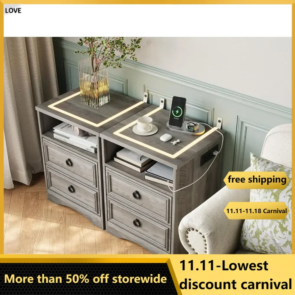 Nightstand with Strip Lights,USB Outlets Set of 2, NightStand with Drawers, Accent BedSide Table and End Table Open Storage