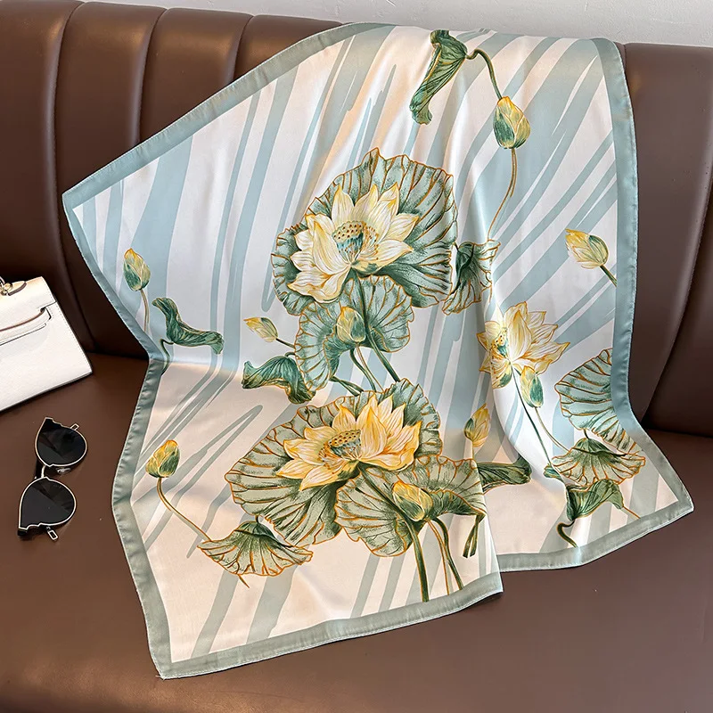 

Faux Silk Scarf Women Lady Fashion Lotus Flower Kerchief Neck Hairband for Girl Stylish Headband 70*70cm