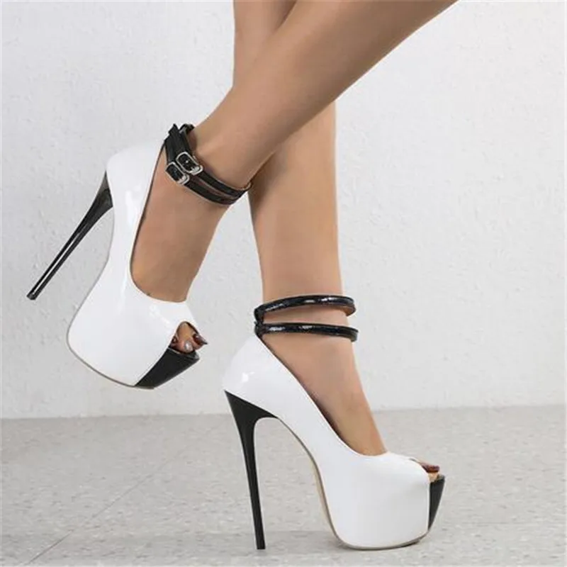 Liyke Fashion Design Double Buckle Strap Platform Sandals Women Pumps Sexy Peep Toe 16.5CM Super High Heels Stripper Shoes White