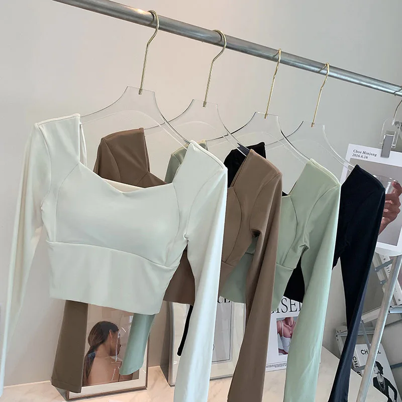 Maglietta Sportiva Da Yoga In Nylon Maglietta A Maniche Lunghe Da Donna Con Imbottitura Push-Up Gym Thumb Holes Camicetta Da Palestra Per Allenamento