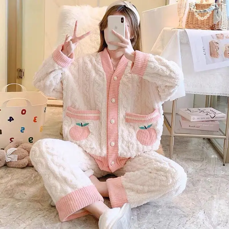 Pajamas women winter coral velvet 2023 new autumn winter fashion high-end bow princess style thickened home clothes freshing