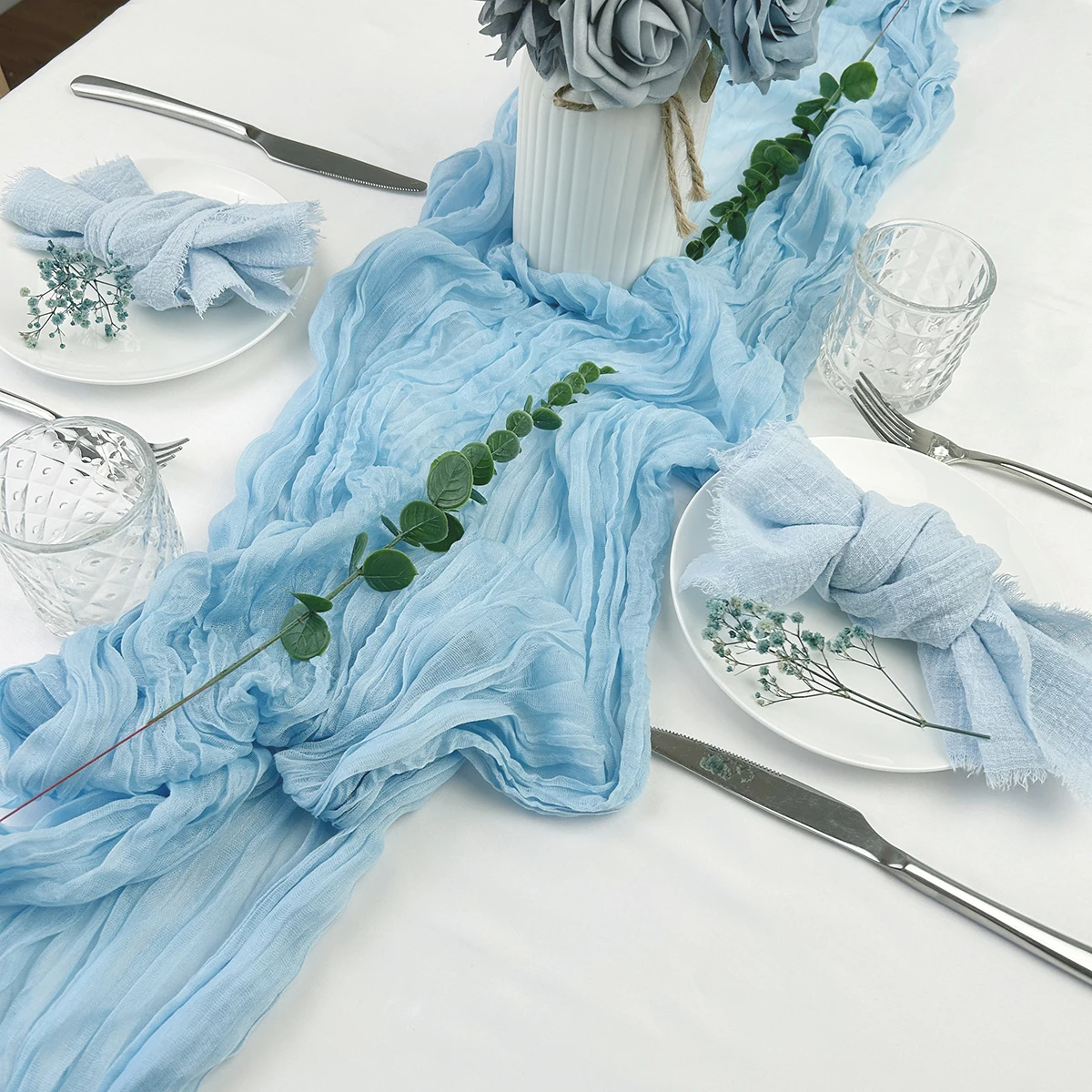 Semi-Sheer Sky blue Gauze Wedding Table Runner Cheesecloth Table Setting Dining Vintage Party Christmas Banquets Arches Decor modern minimalist table runner christmas table runner home decor chenille tassel table runner tablecloth christmas decoration