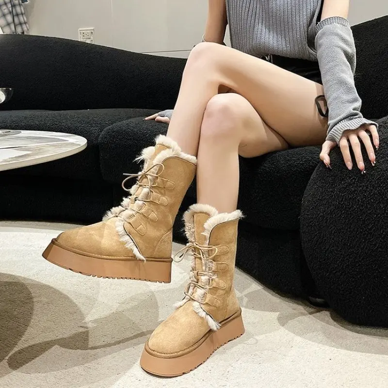 Platform Women's Boots New Winter Short Plush Warm Snow Boots High Top Lace Up Ladies Mid-calf Boots Fashion Casual Flats Shoes