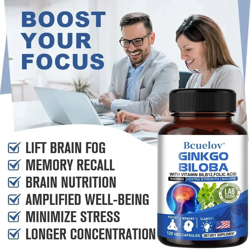 Ginkgo Biloba Capsules Memory Support Supplement Brain Function Mental Alertness Focus Concentration with Vitamin B6 B12 ginkgo biloba supplement