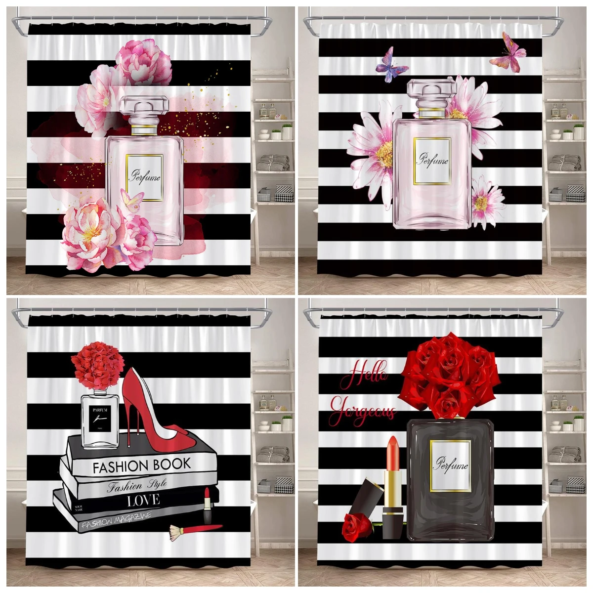 

Floral Perfume Shower Curtains Pink Flower Butterfly Red High Heel Black White Stripe Fashion bath Curtain Fabric Bathroom Decor