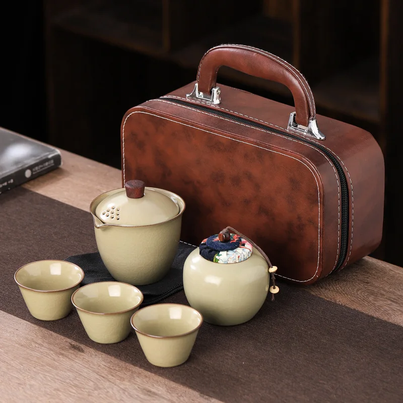 Ru Kiln Travel Tea Set Kuaike Cup Outdoor Portable Kung Fu Tea Set Business Souvenir Gift Ceramic Teaware Sets