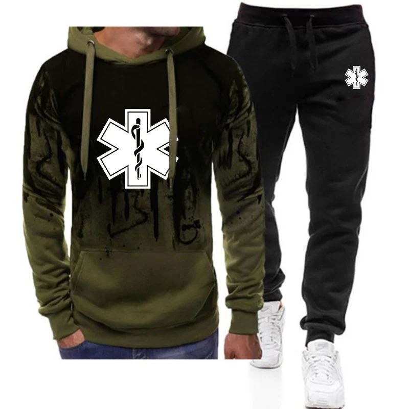 EMT Paramedic Emergency Medical 2023 Men's New Printed Fashion Gradient Color Hoodies Casual Sport Coats +Trousers 2 Piece Suit
