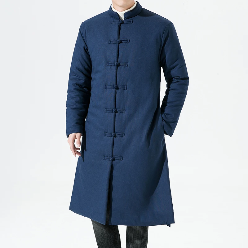 

Atumn Winter 2022 Men Chinese Style Warm Parkas Mens Thick Hanfu Black Coat Male Vintage Long Robes Cotton-Padded Jacket M-5Xl