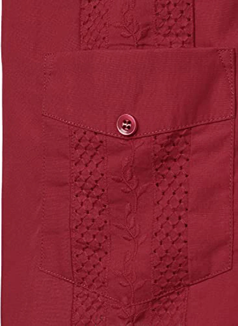 Wine Red Four-Pocket Cuban Guayabera Shirt Men Short Sleeve Camp Collar Shirt Male Embroidered Mexican Cigar Wedding Beach Shirt 4