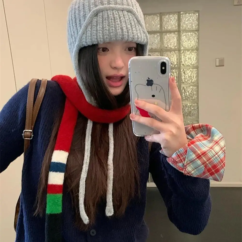 Korean Wool Striped Scarf Women's Thin And Narrow Long Scarf Y2K Girls Striped Decoration Scarves Winter Warm Patchwork Scarf