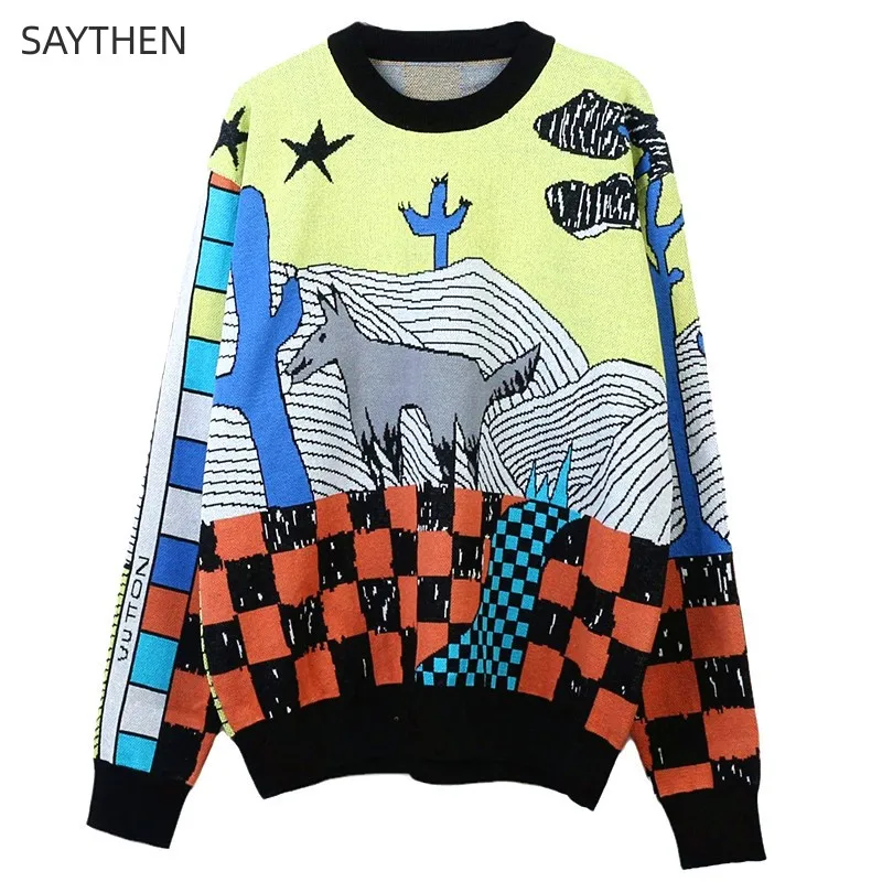 

SAYTHEN 2023 Autumn/Winter Women Wear Pullover Round Neck Long Sleeve Cartoon Embroidery Vintage Medium Length Loose Knitted Top