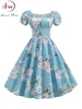 Women's Vintage Floral Print Puff Sleeve Midi Dress Elegant A-line Rockabilly Pinup Summer Party Robe Chic Vestidos
