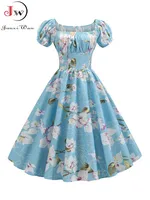 Women's Vintage Floral Print Puff Sleeve Midi Dress Elegant A-line Rockabilly Pinup Summer Party Robe Chic Vestidos