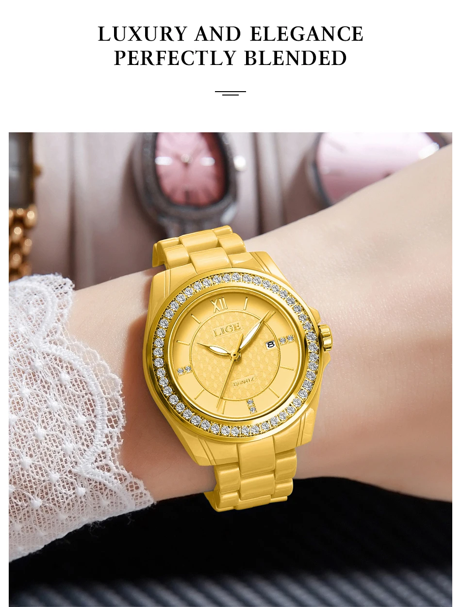 LIGE New Pink Watch Women Watches Top Brand Luxury Ceramic Watch Women Fashion Sport Waterproof Quartz Watch Female Montre Femme