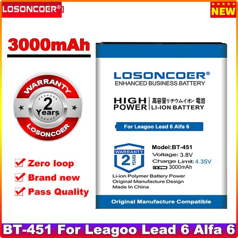 

LOSONCOER 0 Cycle 100% New 3000mAh BT-451 High Capacity Battery for Leagoo Alfa 6 Alfa6 Smart Phone