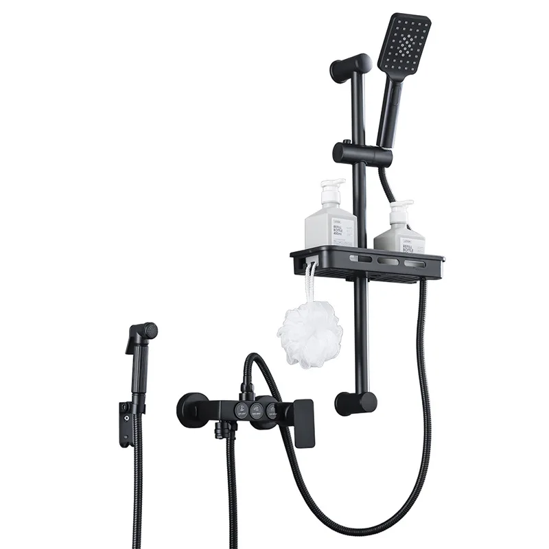 BlackHandShowerSetShowerRodWithBathroomShelfLifterBathtub