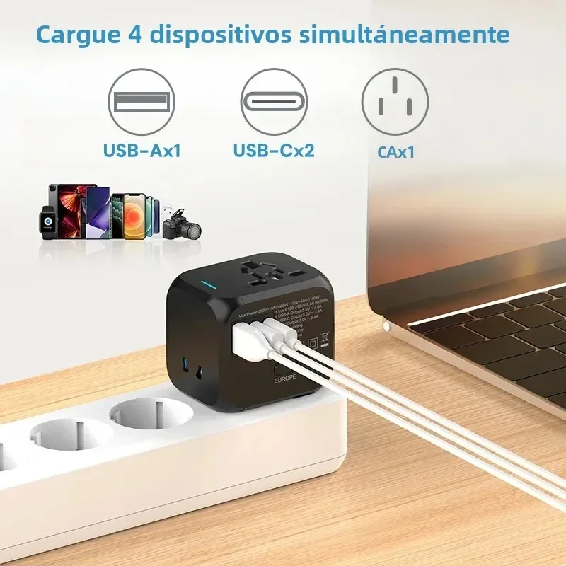 Universal Travel Charger Adapter with Dual USB and Type-C Ports - All-in-One Global Plug Solution