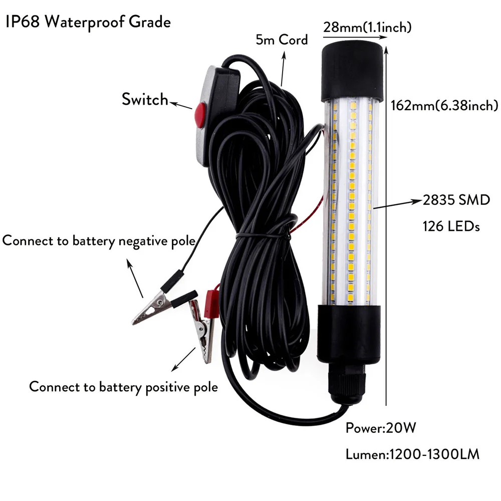 Submersible Light 12V LED Fishing Light 126Pcs 2835 SMD Waterproof Lures Fish Finder Lamp Attracting Bait Underwater Fishing Light