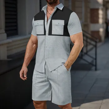 Summer 2025 Men's casual Everyday Waffle shirt Pocket top, short sleeve, shorts two-piece set